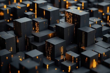 Black abstrast cuboids in various sizes and heights with golden lights glowing here or there. 3D structure resembling the city. Modern business background, wallpaper. 