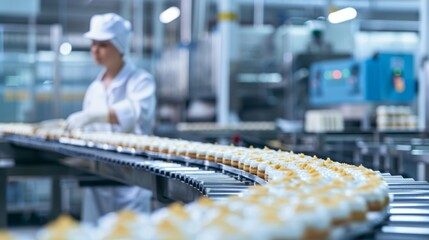 Fototapeta premium Confectionery factory production line with female worker in focus