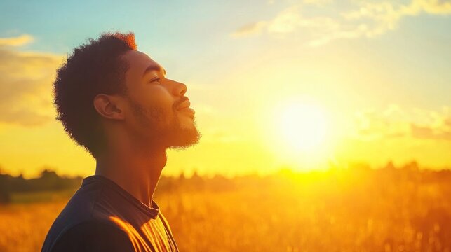 Person with a hopeful expression, perhaps looking towards a bright future or horizon