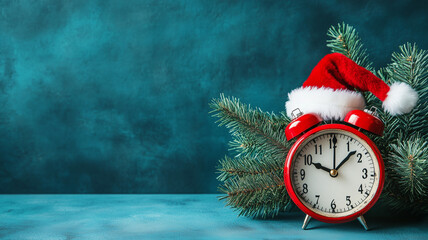 Background with a red clock marking time for Christmas sales on blue background with copy space