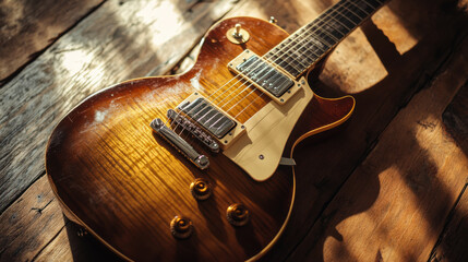 Fototapeta premium Beautifully crafted electric guitar on wooden floor illuminated by sunlight in a cozy indoor setting
