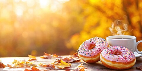 hot cocoa, two donuts, autumn background