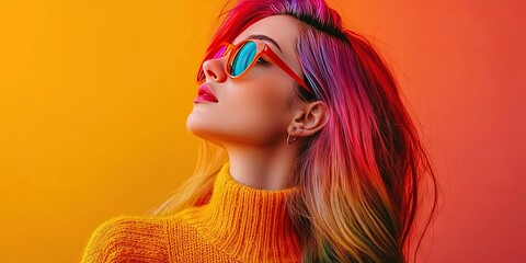 Naklejka premium Gen Z woman with rainbow hair, Christmas winter, solid background