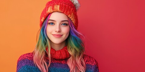 Gen Z woman with rainbow hair, Christmas winter, solid background
