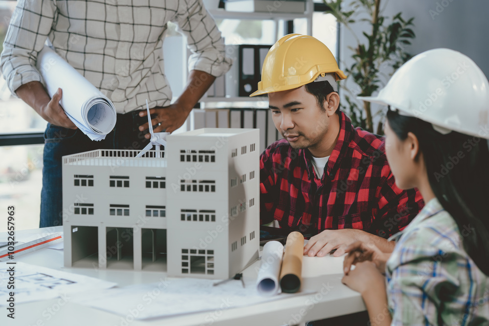 Wall mural team of architects are studying blueprints and working on a model of a building in their office
