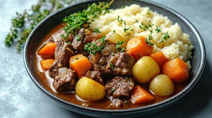 beef bourguignon, showcasing the rich, hearty essence of this classic French stew, garnished with fresh herbs, highlighting its comforting and indulgent nature
