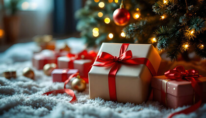Beautifully wrapped colorful gifts nestled under a softly lit Christmas tree, creating a festive and joyful atmosphere.