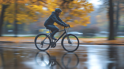 Cyclist riding through a park on a rainy autumn day with wet reflections on the ground and blurred yellow foliage in the background