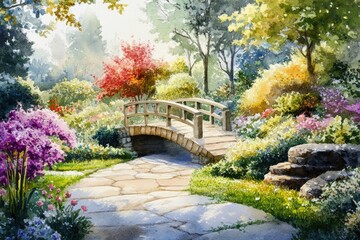 Fototapeta premium English Garden Landscape Design. Architectural Watercolor Illustration of Bungalow with Small Stone Bridge