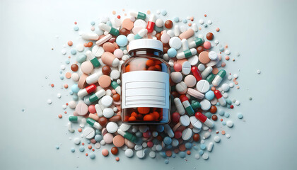 A bottle of prescription pills with a blank label on a white background
