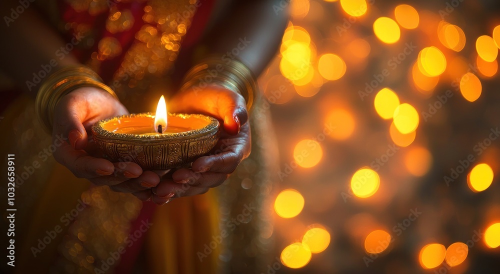 Wall mural a woman's hands holding a diya lamp for the happy traditional indian festival of lohri, burning cand