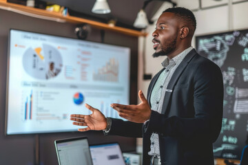 Business Coach Leading Entrepreneur Workshop with Charts in Modern Office Setting