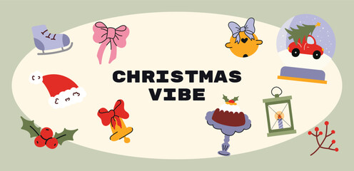 Christmas new year stickers in cartoon doodle style. Holiday bow, santa hat, christmas pie, coziness, snow globe, bell. Holiday seasonal vector illustrations in retro groovy style