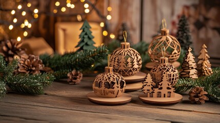 detailed handcrafted wooden Christmas ornaments on a rustic table with holiday decorations
