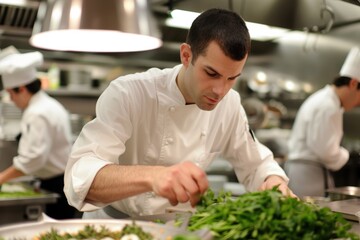 Gourmet Chef Perfecting a Dish in a Busy Michelin Starred Kitchen