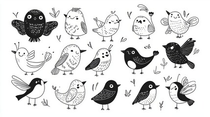 Fototapeta premium A charming collection of hand-drawn birds in black and white, featuring various species and playful designs.