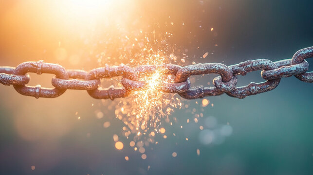 hand breaking a metal chain, symbolizing liberation and freedom. The shattered links represent overcoming obstacles and the triumph of the human spirit
