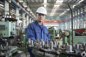 Worker in Factory with Machinery and Safety Gear