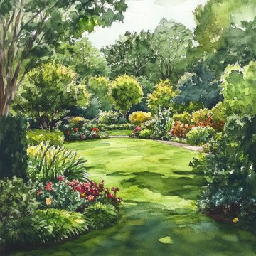 Tranquil Botanical Oasis: Watercolor Garden Design with Lush Greenery and Blooming Flowers
