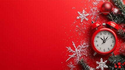 Christmas alarm clock on red Christmas themed background with copy space, banner, postcard