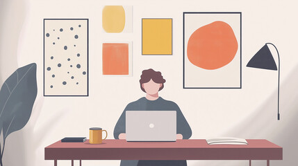 A minimalist Scandinavian-style home office with a sleek desk, laptop, and a few well-placed design elements like abstract art and a statement lamp. The person working is dressed casually.