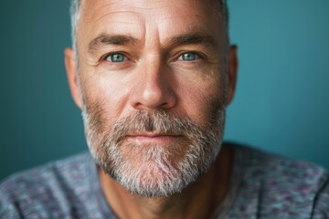 Obraz premium Confident Middle-Aged Man with Assertive Expression on Bold Teal Background for Portrait Design