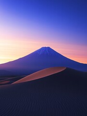 Fototapeta premium Mount Fuji rises majestically against a colorful sunrise, embraced by serene desert dunes in the foreground, creating a stunning landscape