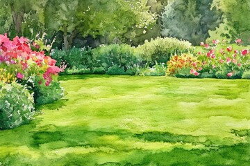 Obraz premium Tranquil Garden Oasis: Watercolor Landscaped Haven with Wicker Chairs