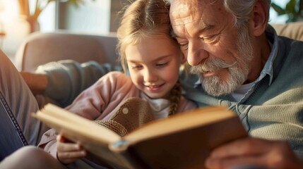Grandfather with his grandchild on his lap, reading and enjoying a peaceful moment.