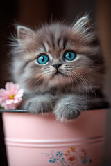 Persian kitty in a pale pink bucket.