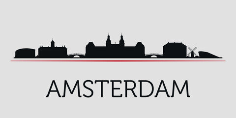 Obraz premium Black silhouette of Amsterdam city skyline, emphasized by red line with text. Vector on a gray background