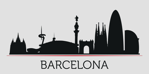 Black silhouette of Barcelona city skyline, emphasized by red line with text. Vector on a gray background