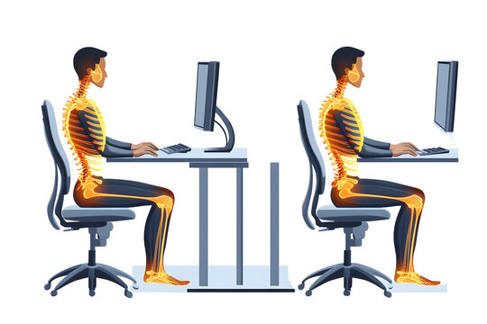Correct vs incorrect sitting posture, spine alignment illustration, ergonomic office setup, impact of posture on health, skeletal visualization, back pain prevention, workstation tips