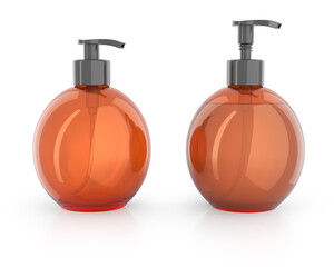Amber round pump bottle mockup. One bottle is empty and the other is full of liquid. 3d illustration set on white background
