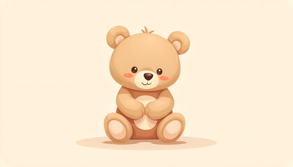 Fototapeta premium Adorable cartoon teddy bear sitting with a sweet expression on a light beige background for children's decor