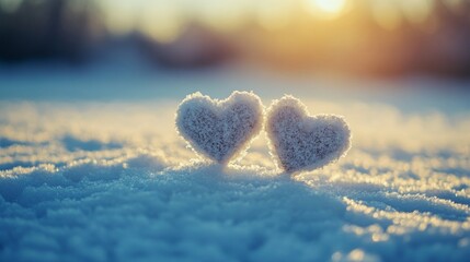 Fototapeta premium Two snow-covered hearts resting on a serene snowy landscape with a warm glowing sunset in the background during winter. With copy space for text.