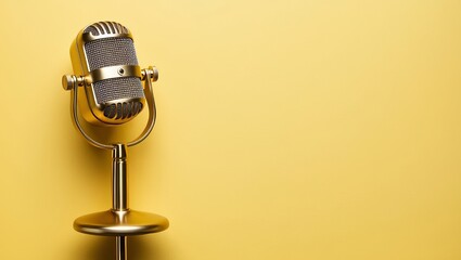 Vintage gold microphone on yellow background