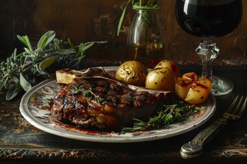 Bone-in grilled lamb steak served with roasted golden potatoes and garnished with fresh rosemary. A glass of red wine and sage leaves enhance the gourmet presentation on a vintage floral plate.