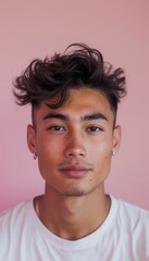 Fototapeta premium Young Man with Shy Smile Against Pastel Pink Background - Portrait Photography for Modern Designs