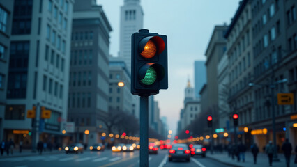 Dynamic City Life: A Vibrant Traffic Signal Pole Against a Bustling Urban Landscape