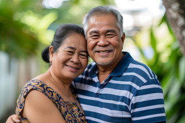 Fototapeta premium Happy senior couple embracing outdoors in daylight