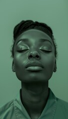 Tranquil Young Woman on Pastel Green Background for Serenity and Peace Themes