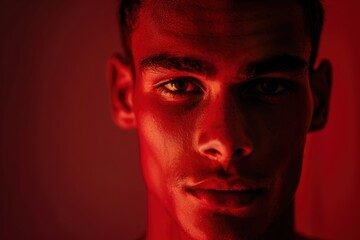 Focused Portrait of Young Man on Intense Red Background for Determination Themes