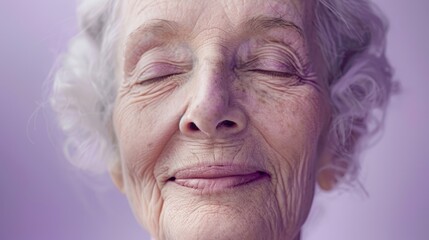 Serene Senior Woman with Peaceful Smile on Lavender Monochrome Background