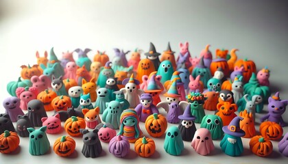 Whimsical Halloween-themed polymer clay figurines with pumpkins, ghosts, witches, and cute spooky characters
