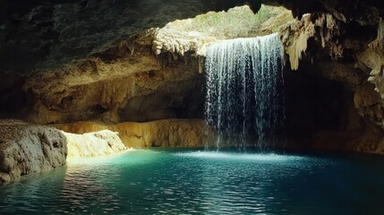 Water falling from the sky into an underground cave pool in Texas. A lake formed as a waterfall flowing from inside a cave pool. It is a beautiful natural landscape. Amazing view