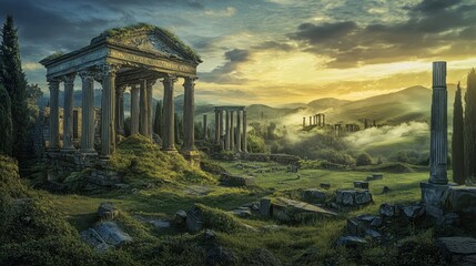 Obraz premium Moss-covered Roman forum ruins in a tranquil landscape with soft evening light