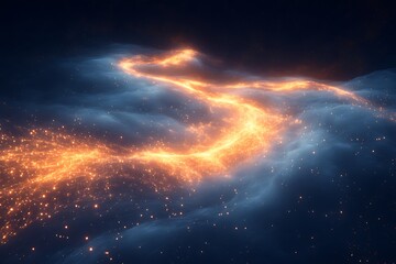 Fototapeta premium An abstract image of glowing orange energy flowing through a dark blue cosmic space.