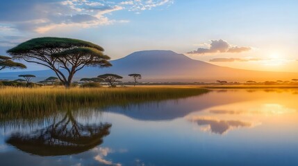 Naklejka premium Sunrise on Lake in Amboseli National Park, Kenya