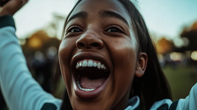 A young Black woman with a wide smile and open mouth, cheering with her arms raised.